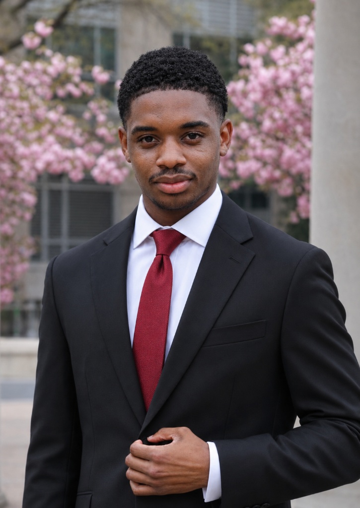 Alfred Lewis Jr. in a black suit jacket, white dress shirt and ruby red necktie
